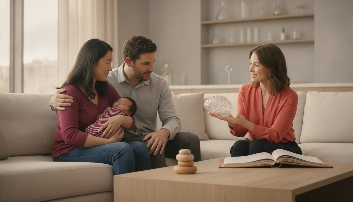 Parents discussing infant probiotic research with a science educator