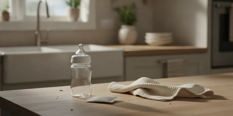 A baby bottle and single-serve powder packet on a bright kitchen counter