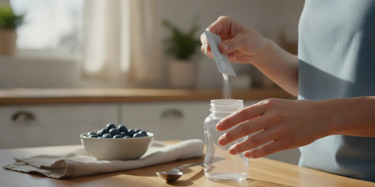 Parent preparing a serving of infant probiotic powder beside a bottle in a softly lit kitchen