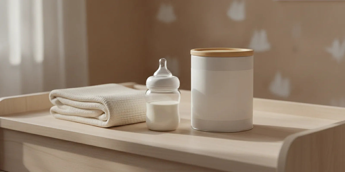 A bottle and folded baby blanket beside a small supplement container in a softly lit nursery