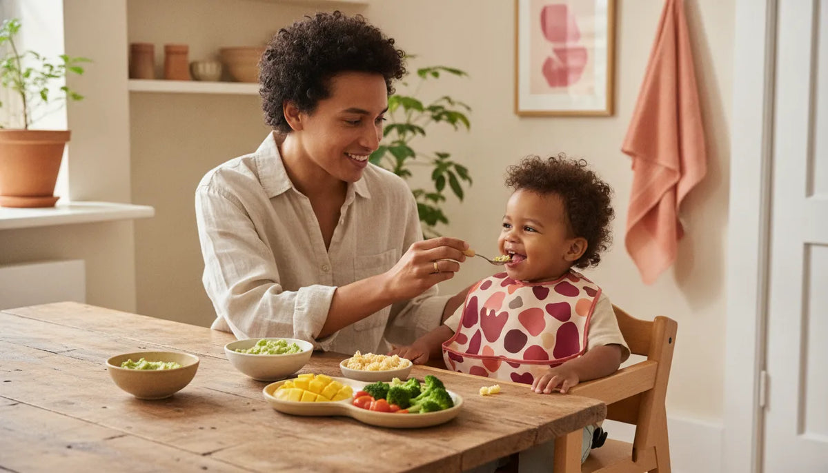 Parent and toddler sharing a colorful meal at home