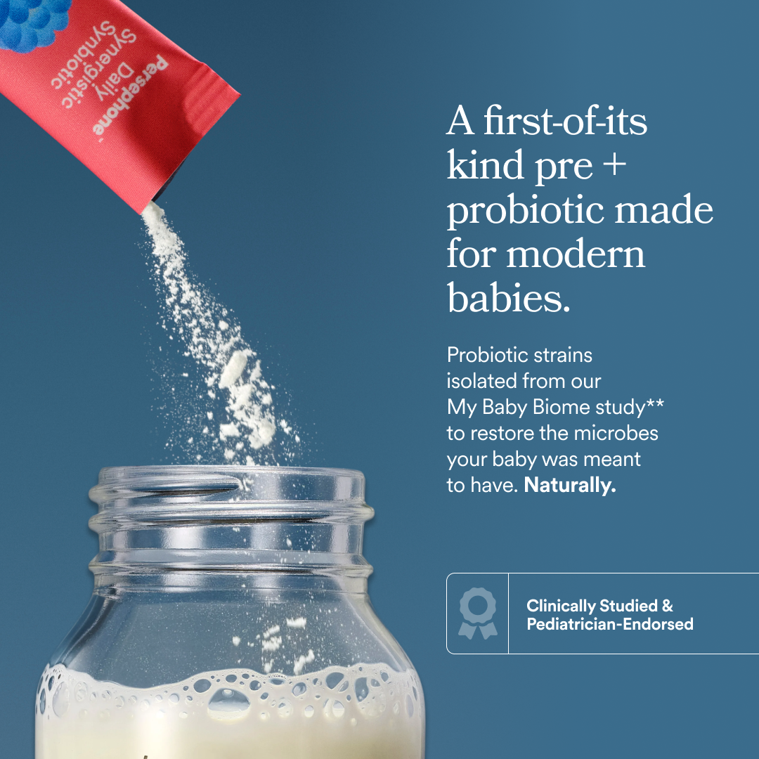 Product packaging being poured into a jar with text about pre+probiotic for babies on a blue background