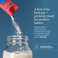 Product packaging being poured into a jar with text about pre+probiotic for babies on a blue background