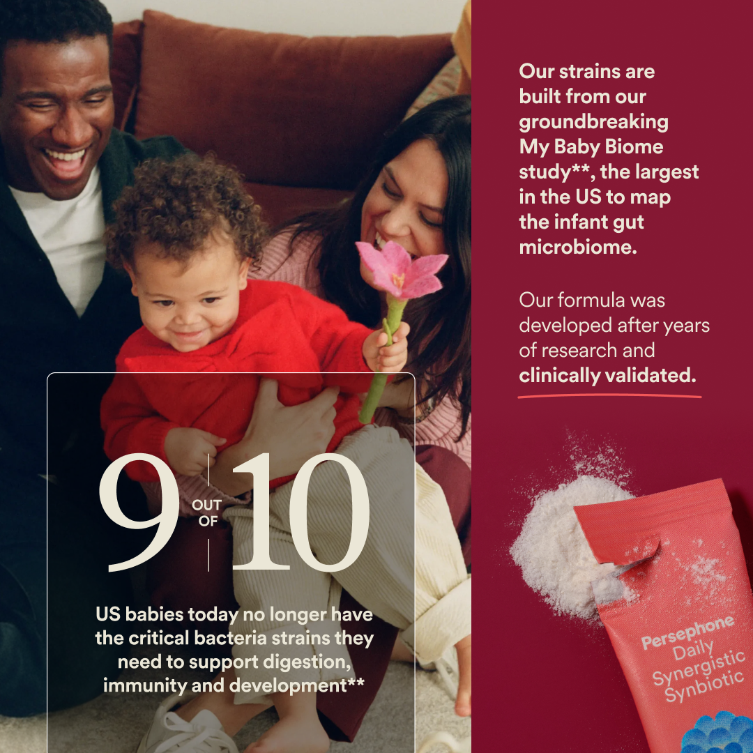 Our baby biome study found that 9 out of 10 babies are missing critical bacteria strains they need to support digestion and immunity developement.