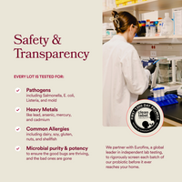 Person in a lab coat working with test tubes and shelves of supplies, alongside text about safety and transparency.