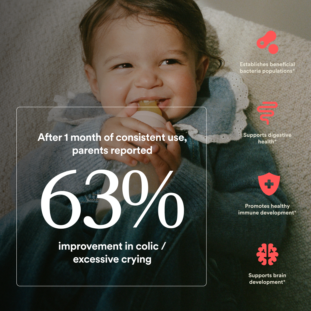 Child holding a bottle with text about product benefits and improvement rates. 63% of parents saw an improvement in colic/excessive crying within 1 month of use.